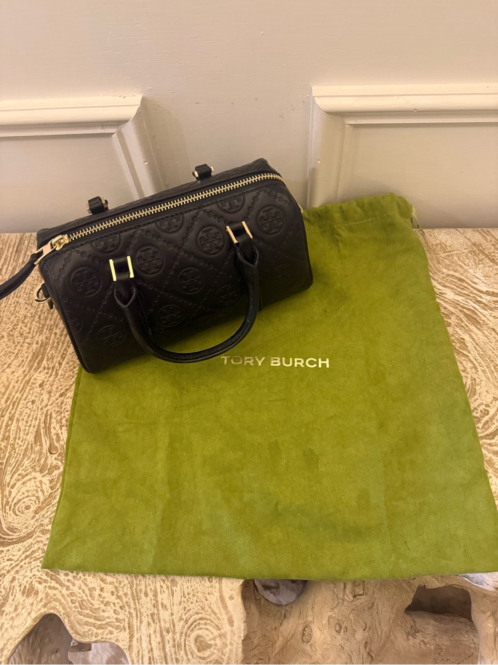 Tory Burch Black Embossed Leather Doctor Satchel with Gold Hardware